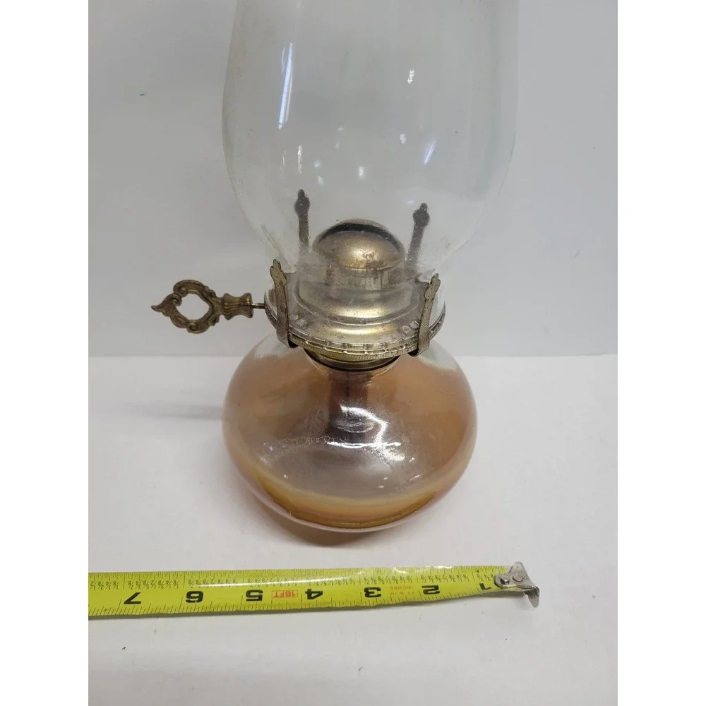 Vintage Amber Glass Oil Lamp with Clear Beaded Chimney 12in‎